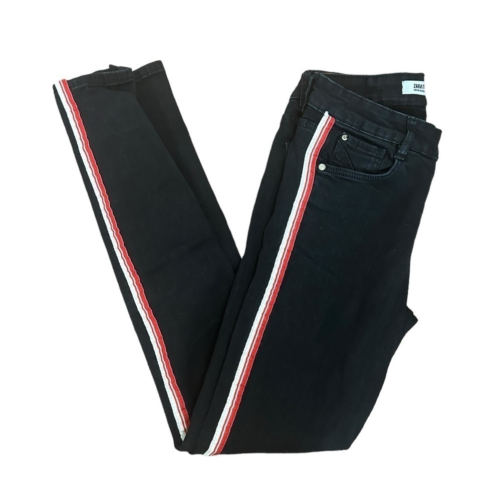 Zara Trafaluc Black Denim Stretch Skinny Jeans Black w/ Red & White Stripes Sz 4